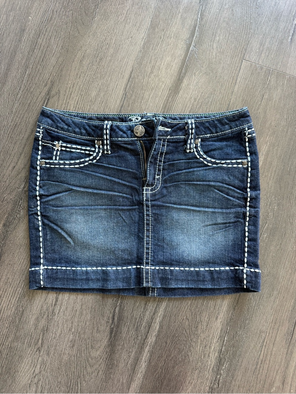 Wrangler Rock 47 Dark Blue Denim Mini Skirt with White Stitching